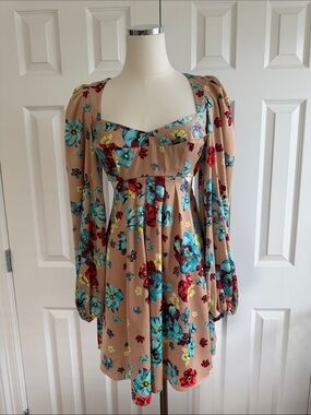AFRM Anita Aqua Bouquet Cutout Satin Dress Floral Print Square Neck Size XS